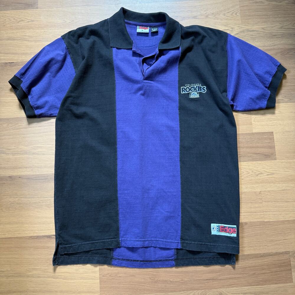 Men's Vintage 90's Colorado Rockies Black Purple Striped Polo Shirt Sz Large VTG